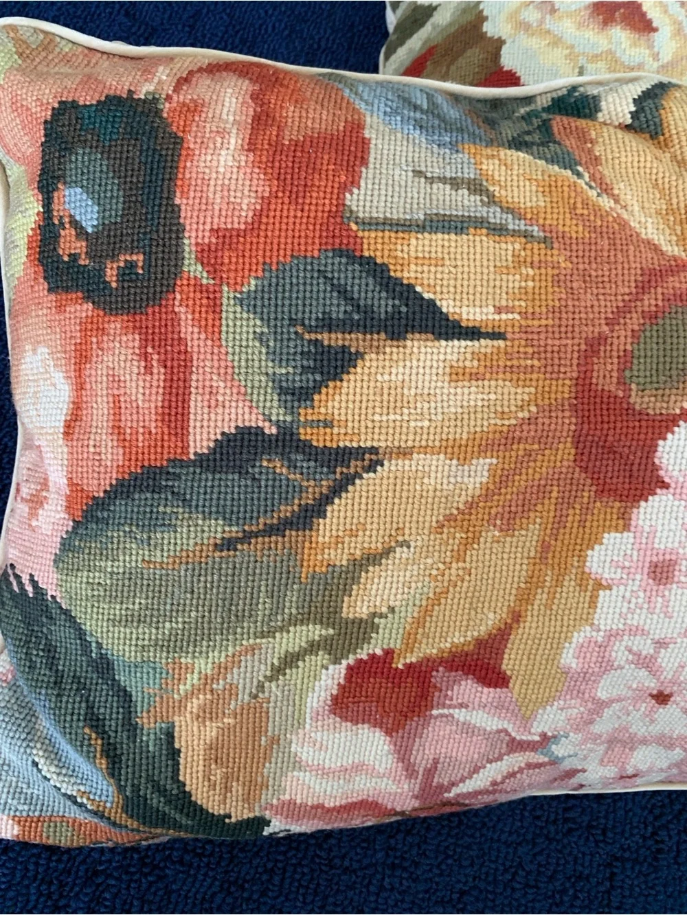 (2) VTG Floral Needlepoint Pillows 19” X 14”Velvet Backing Grandmacor